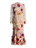 Retro-Colored Floral Embroidery Design For The Summer Of 2025 New Round-Neck Long-Sleeved Heavyweight High-Waisted Dress Woman