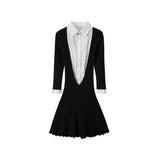 Mengling With A Retro Shirt Collar Splicing V-Neck Dress Autumn And Winter High-End Black And White Folding Dress