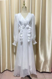 Spring And Autumn V-Neck Lantern Sleeve With Three-Dimensional Flower Design Dress