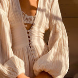 Women's Clothing 2025 New French Retro V Collar Folds Loosely Open Temperament Long-Sleeved Dress DJPT