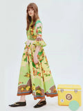 2024 New Collar Horn Sleeve Single Buckle Waist Print Long Dress Dress Woman