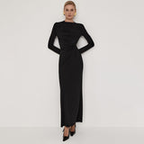 Women's Pure Color Waist Shrink Folding Long Sleeves Elegant Long Dress DJPT