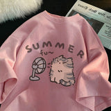 Cotton Shoulder Summer New Round Collar Short-Sleeved T-Shirt Cute Kitten Print Loose Blouse DJPT