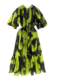 Style Dress 2025 Summer New Retro Printing And Dye Single Buckle Bubble Sleeve Fashion Casual Dress