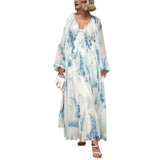 Women's Printed Chiffon Dress V Collar Folded Waist Drawstring Long Sleeve 8042 HZ0628