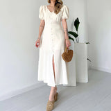 Women's Summer French V-Neck Bubble Bubble Sleeve High Waist Open Temperament With Long Dress
