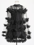 Famous Yuanfeng 2025 Summer New Round-Necked Long Sleeve Net Yarn Perspective Wood-Eared Splicing Design Dress Dress Woman