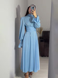 Long-Sleeved Lotus Leaf Cuffed Belt Waist-Repaired Penetted Joint Dress