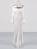 Temperament French Retro Wind Tailing Dress 2025 Summer Season New Word Shoulder Long-Sleeved Lace Hollow Dress
