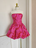 A line Strapless Satin Pink Floral Vacation Dresses Short Birthday Dress SD1260