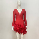 Fashion Feather Bandage Dress Sexy V-Neck Mesh Yarn Long-Sleeved Party Dress