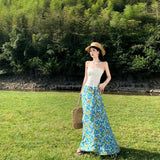 Holiday Style Suit French Rope Smear Vest Top Woman Summer Blue Floral Half Dress Two Sets