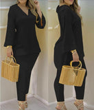Explosion Color New Plain Horn Sleeve V Collar Top And Trousers Fashion Lady Set DJPT