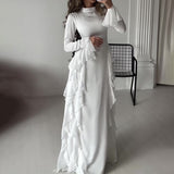 Women's Clothing Autumn 2024 Round Collar Horn Sleeve Temperament High-Waisted Splicing Tie With Dress Woman