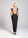 New Hot Solid Color Back Hollow Pearl Bandape Skirt Fashion Temperament Elegant Evening Dress