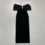 Design-Sense Bow-Tendered One-Word Collared Shoulder-Banded Dress Party Dress