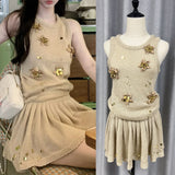 2024 Early Autumn Exquisite Fashion Hand-Beaded Knitted Vest Half-Skirt Set