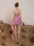 Summer Vietnamese Niche Design Irregular Hanging Neck Fairy Air Lotus Side Small Man Eyeless Sleeveless Dress Skirt