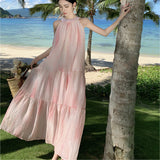 Hanging Neck Dress Women Summer Long Dress Small Pink Sleeveless Seaside Holiday Tie Dye Dress