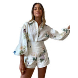 Autumn Australian Fashion Brand Elegant Fresh Floral Femininity Commuting Long-Sleeved Shirt Top High-Waist Shorts Set