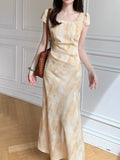 | 2025 Summer New Homemade Elegant [Yellow Rose] Yellow Jahua Short Sleeve Dress DJPT