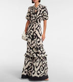 Niche 2025 Autumn New Scarf Neckline Short-Sleeved Lotus Side Splicing Print To Collect Waist Long Dress Dress Woman