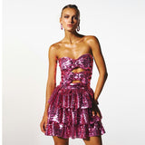 Party Dress Hollow Folded Dress Pink Bow Square Brighten Breast Skirt
