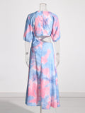Wind And Waist Print Dress Women's Dress 2025 Spring New Round Collar High Waist Splicing Hollow Long Dress