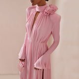 Women's High-End Vintage Dress Hollow Deep V Hanging Neck Dress Folded Three-Dimensional Flower Dress