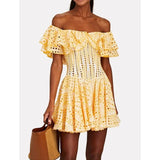 Niche Brand Sweet Sexy One-Word Lotus Leaf Edge Hollow Embroidery Showing Thin Waist Holiday Dress