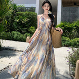Retro Oil Painting Smashed Flowers To Take The Sling Dress To The Waist Dress Seaside Holiday Showback Beach Dress Woman