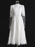 Fresh Sweet Wind 2025 Summer New Bubble Sleeve Lace Hollow Splicing Lace High Waist Dress