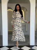 New Gentle Wind Crush Floral Dress Women's Round Collar Long-Sleeved Leaf-Side Dress