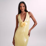 Lit Back Party Sexy Dress Red Cane Open-Fork Dress Three-Dimensional Flower Dress