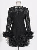 Senior Sense Dress Woman 2025 Summer New Lace Collar Splicing Mesh Long Sleeve Short Dress Women's Dress