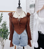 Girls Shoulder-Hanging Neck With Long-Sleeved Slings With Smear Wooden Ear-Deared Shirt Short With Chest Cushion Top DJPT