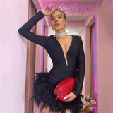 Fashion Feather Bandage Dress Sexy V-Neck Mesh Yarn Long-Sleeved Party Dress