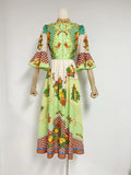 2024 New Collar Horn Sleeve Single Buckle Waist Print Long Dress Dress Woman