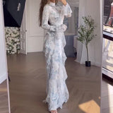2024 New Women's Clothing Dizzened With Broken Lotus Leaves Side Splicing Dress Long Sleeve Long Dress