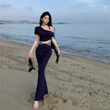 Sexy Seaside Travel Holiday Wind Inclined Shoulder Tightbage Bag Hip Fishtail Skirt Two Sets Early Autumn Wear
