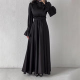 Long-Sleeved Lotus Leaf Cuffed Belt Waist-Repaired Penetted Joint Dress