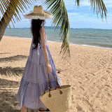 Sanya Holiday Style French Loose Dress Seaside Fairy Dress Folded Sling Dress