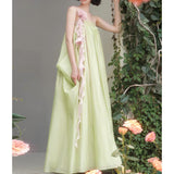 New Super Fairy Atmosphere Relaxed Dress Flexible Girl Pink Green Flowers Brate Dress