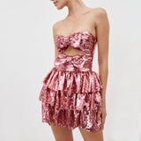 Party Dress Hollow Folded Dress Pink Bow Square Brighten Breast Skirt