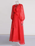 Retro Court Style Dress 2025 Spring And Summer New V Tie Tie Splicing Bubble Sleeve Dress Woman