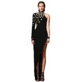 Design Sense One-Shoulder Long-Sleeved Banded Skirt Light Luxury Water Drill Sexy Open Party Dress Dress Dress