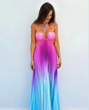 New Summer Gradient Hanging Neck Fold Fashion Dress Ladies Beach Holiday Dress