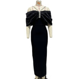 Design-Sense Bow-Tendered One-Word Collared Shoulder-Banded Dress Party Dress
