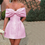 Word Shoulder Bow Sexy Bareback Dress Female Temperament Dress Skirt DJPT