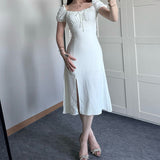 Women's Summer Collar Bubble Sleeve With High Waist Repair Fork Sexy Long Dress